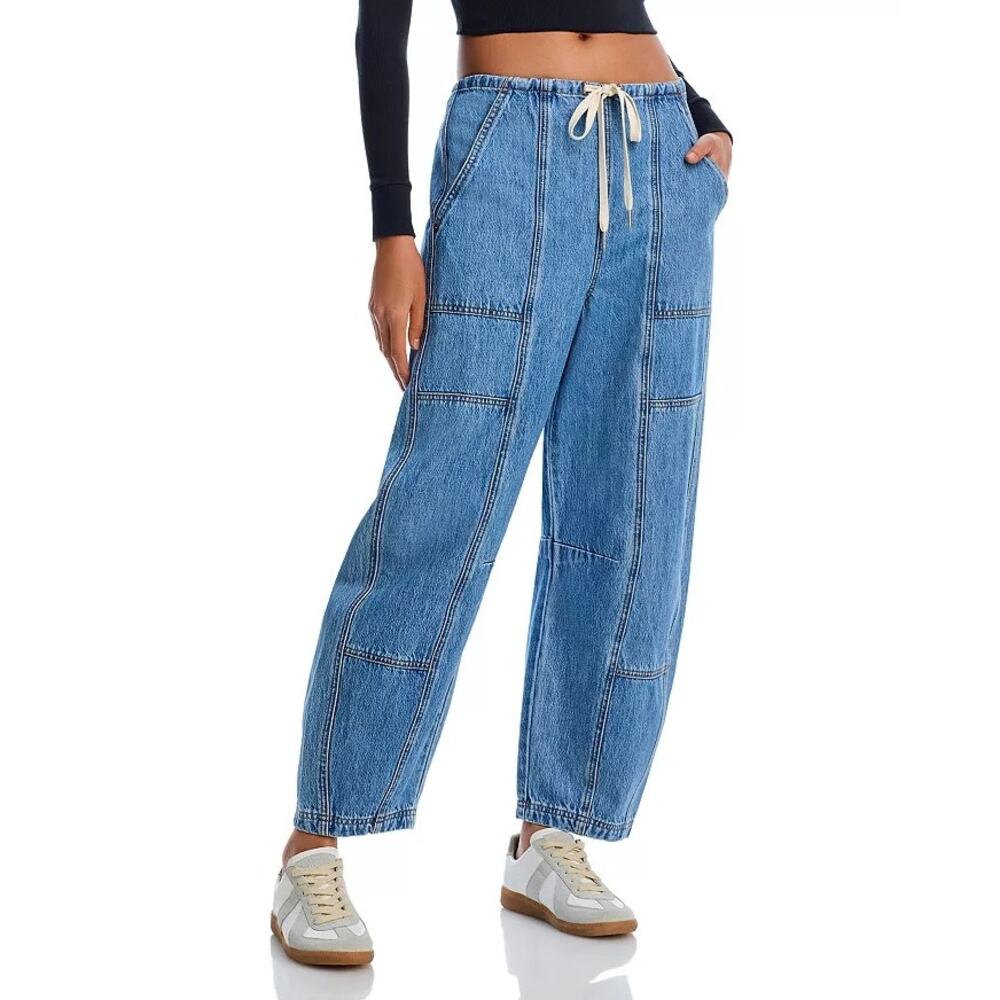 BlankNYC Women Fan Mail Washed Blue Drawcord Low Rise Barrel Leg Jeans Size S